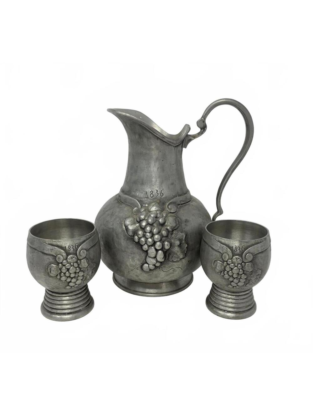 Vintage Artina SKS Zinn 95% Pewter Pitcher & 2 Goblets Grape Set